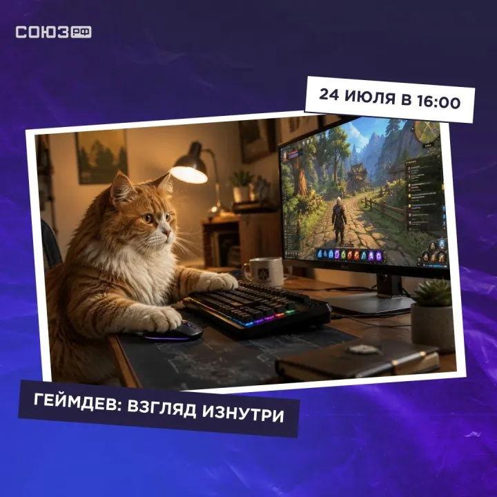 Обложка вебинара «Геймдев: взгляд изнутри»: кот играет за компьютером